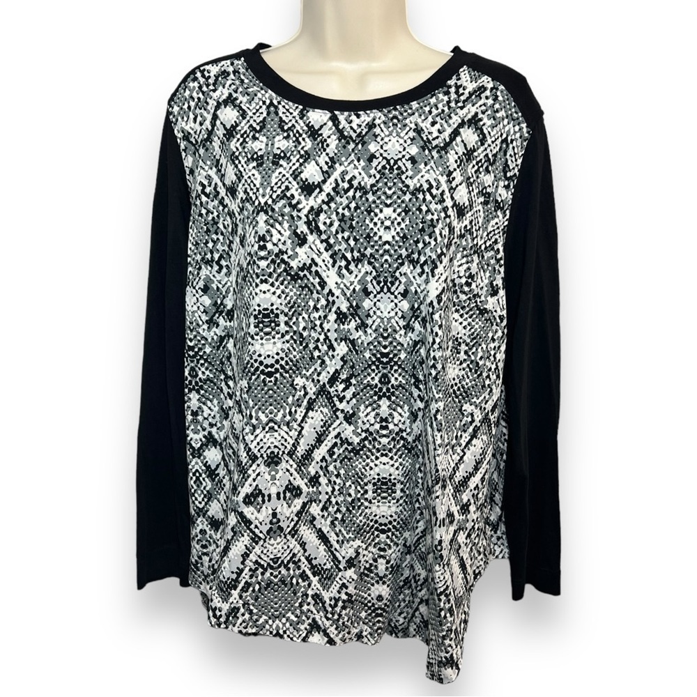 Jones New York Women’s Asymmetrical Hem Snake Print Black Grey Size Large